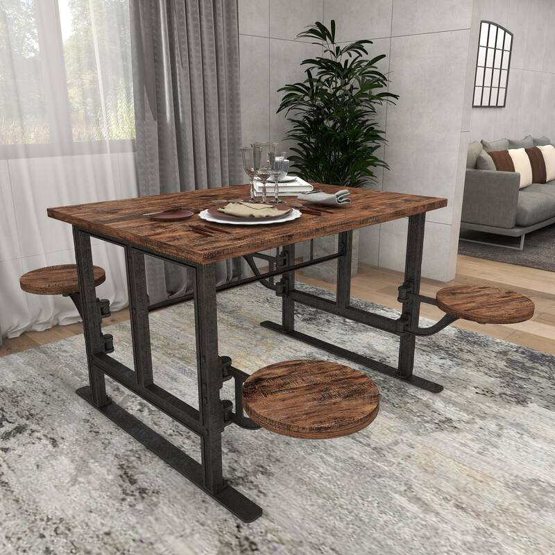 Brown Teak Wood Dining Table with Two, Four or Eight Attached Seats