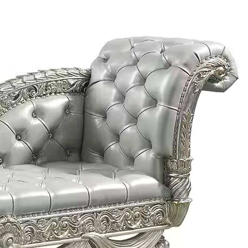 Dove Chaise Bench, Beige Faux Leather, Champagne Finished Wood 82 Inch