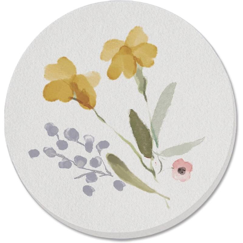 Yellow Flowers 4 Pack Absorbent Stone Coaster with Protective Cork Backing Made in The USA 4" Round, Easily Wipes Clean - Multi