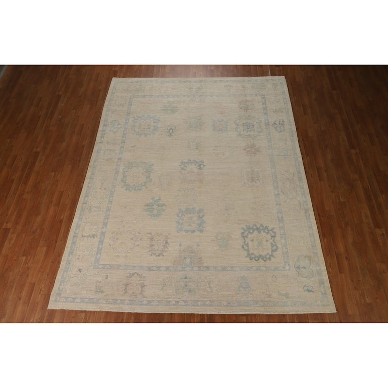 Oushak Turkish Area Rug Vegetable Dye Hand-Knotted Beige Wool Carpet - 7'9"x 10'2"