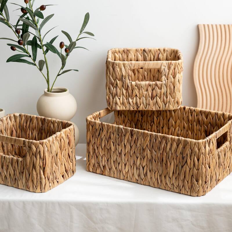 Water Hyacinth Storage Baskets Set of 3, Wicker Baskets with Handles for Bedroom, Bathroom, Pantry, Shelves