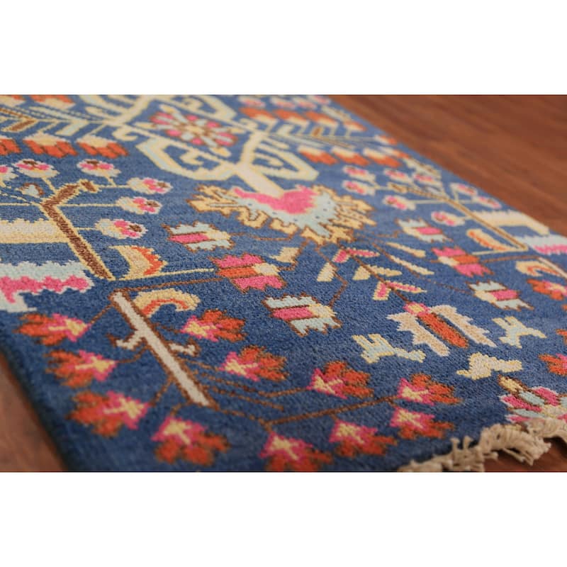 All-Over Blue Oushak Indian Foyer Rug Hand-Knotted Wool Carpet - 3'1"x 5'0"