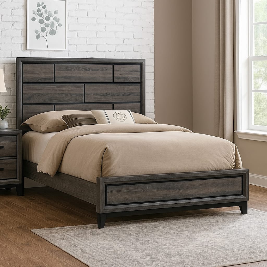 Transitional Style Wooden Queen Size Bed with Brick Elements Panel Headboard, Gray