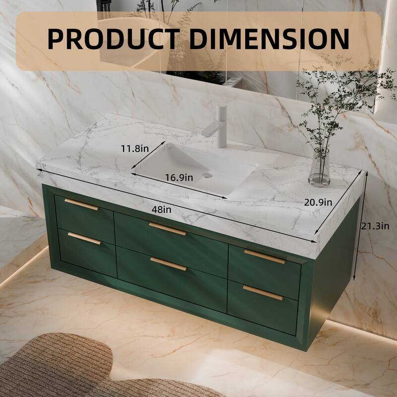 Modland 48" Modern Floating Bathroom Vanity with Single Sink, Soft-Close Drawers, White Stone Countertop