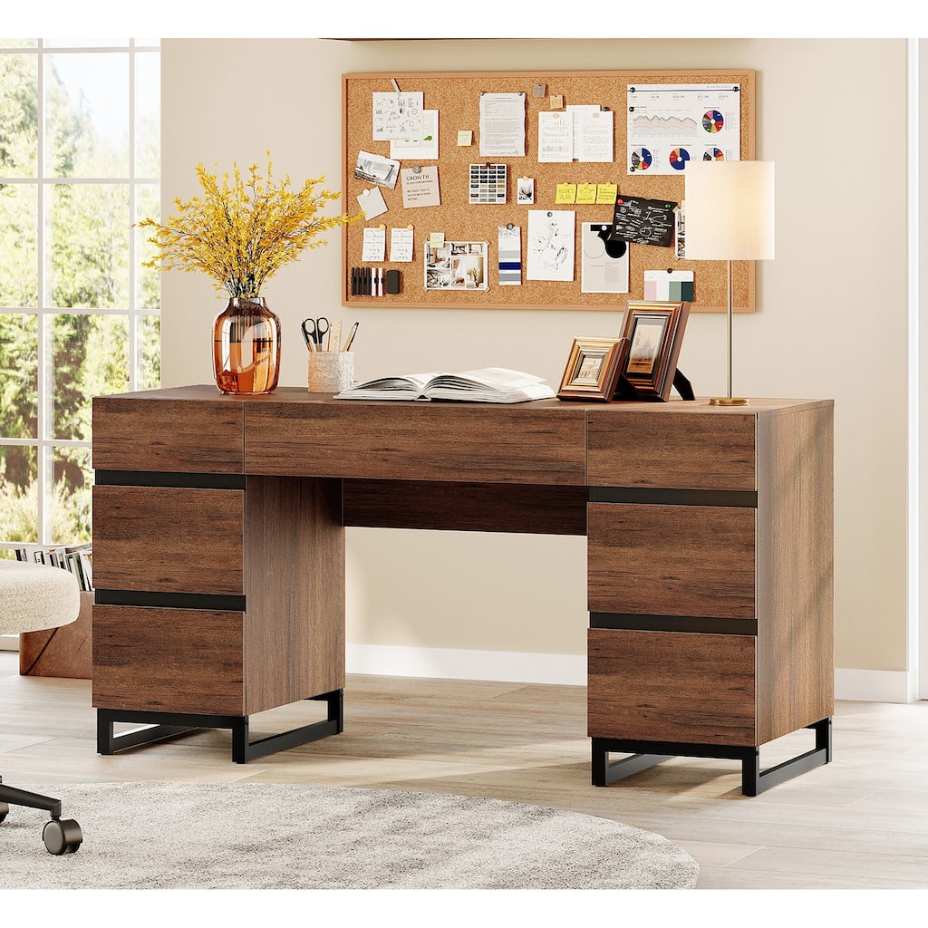 WAMPAT 59" Modern Executive Desk with Drawers & Charging Station, Wood Office Desk for Bedroom, Living Room, Home Office.