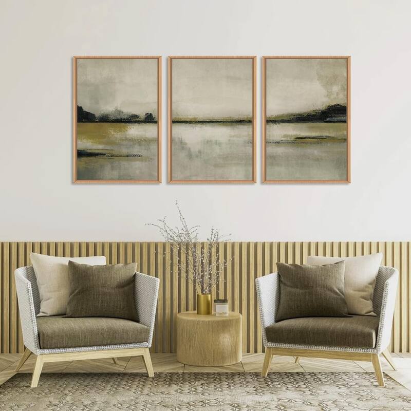 Abstrcat Mountain Lake Wall Decor, Neutral Tan Scenery Wall Painting