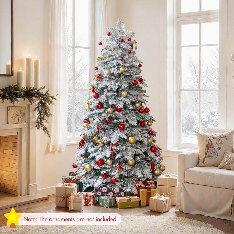 Costway 6/7 FT Artificial Snow-flocked Christmas Tree with 130 Balls, - See Details