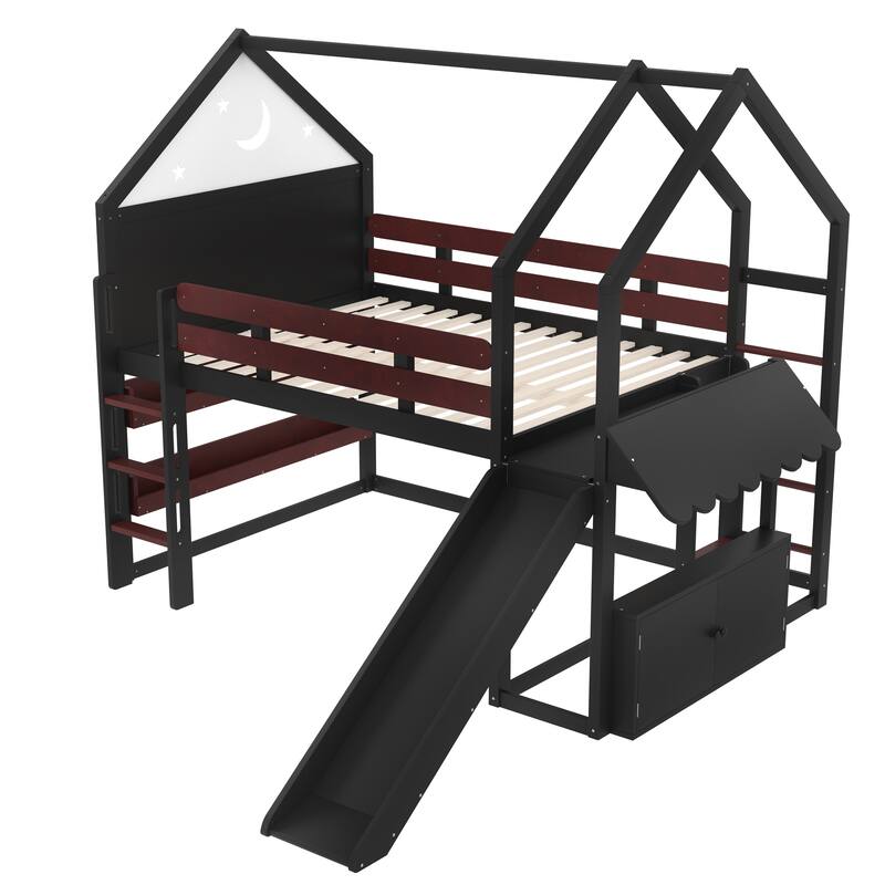 Twin Loft Bed with Slide, Bookshelf & House-Shaped Design for Kids