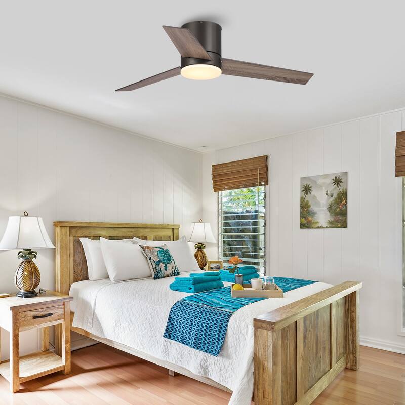 48 inch Modern 3-Blade Wooden Flush Mount Ceiling Fans with Light and Remote