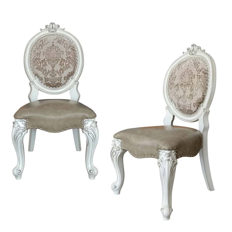 HomeRoots Set of Two Gray and White Upholstered Faux Leather And Solid Wood King Louis Back Dining Side Chairs
