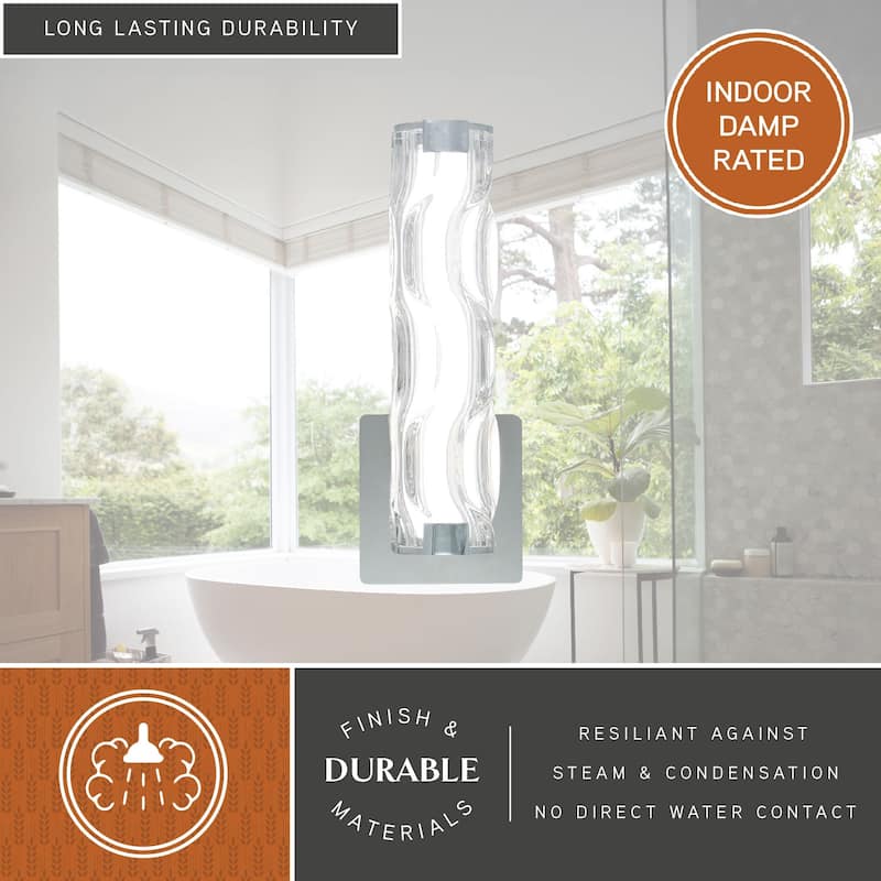 Marseille 1-Light Bathroom Vanity Lighting Fixture, Clear Wave Glass Shade, Dimmable, Integrated LED, Wall Mounted Sconce