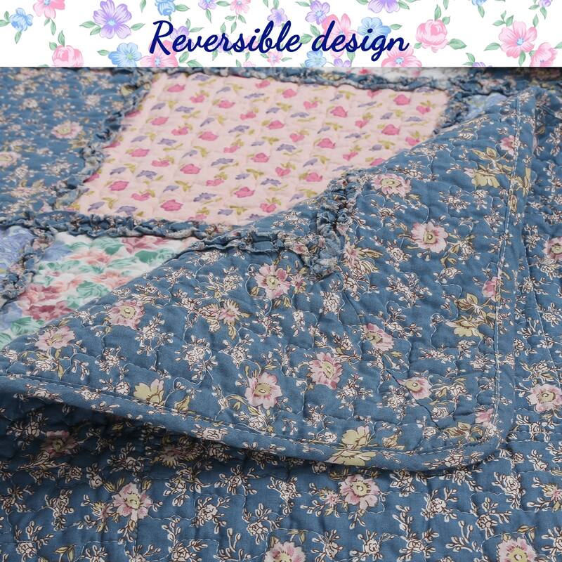 Cozy Line Aphrodite Patchwork Blue Floral 3 Piece Reversible Cotton Quilt Bedding Set