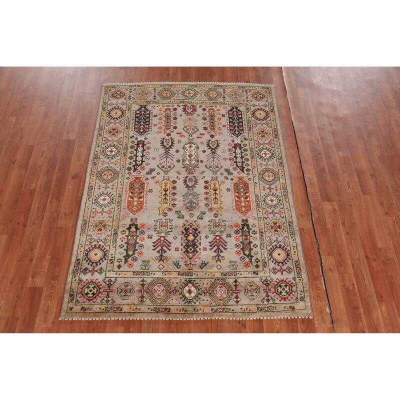 Hand Knotted Oriental 100% Wool Carpet Traditional Geometric Beige & Ivories Kazak Area Rug - 5' 8'' X 4' 0''