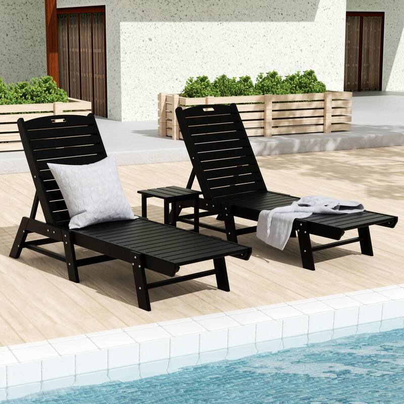 Laguna Hdpe All Weather Outdoor Patio Pool Reclining Armless Chaise Lounges With Square Side Table (3-Piece Set) - Black