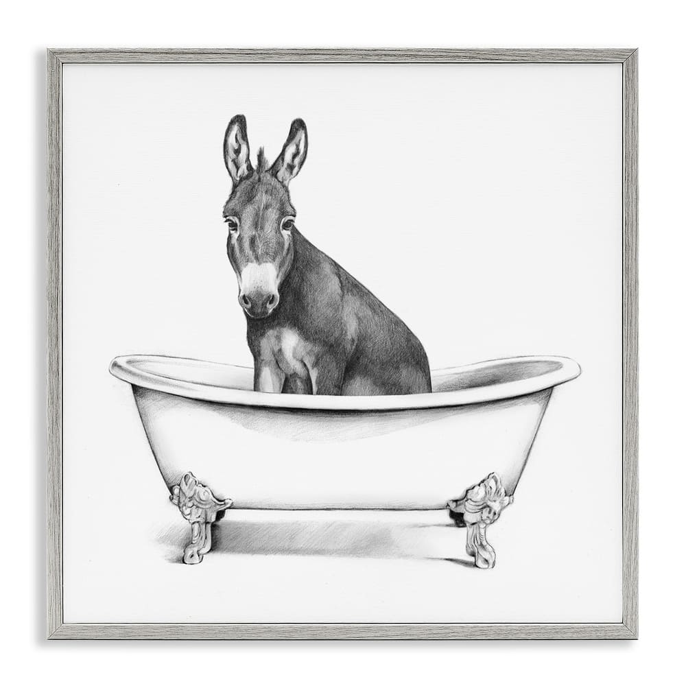 Stupell Donkey in Claw Tub Farm Animal Bathroom Sketch Framed Wall Art,12x12 - White