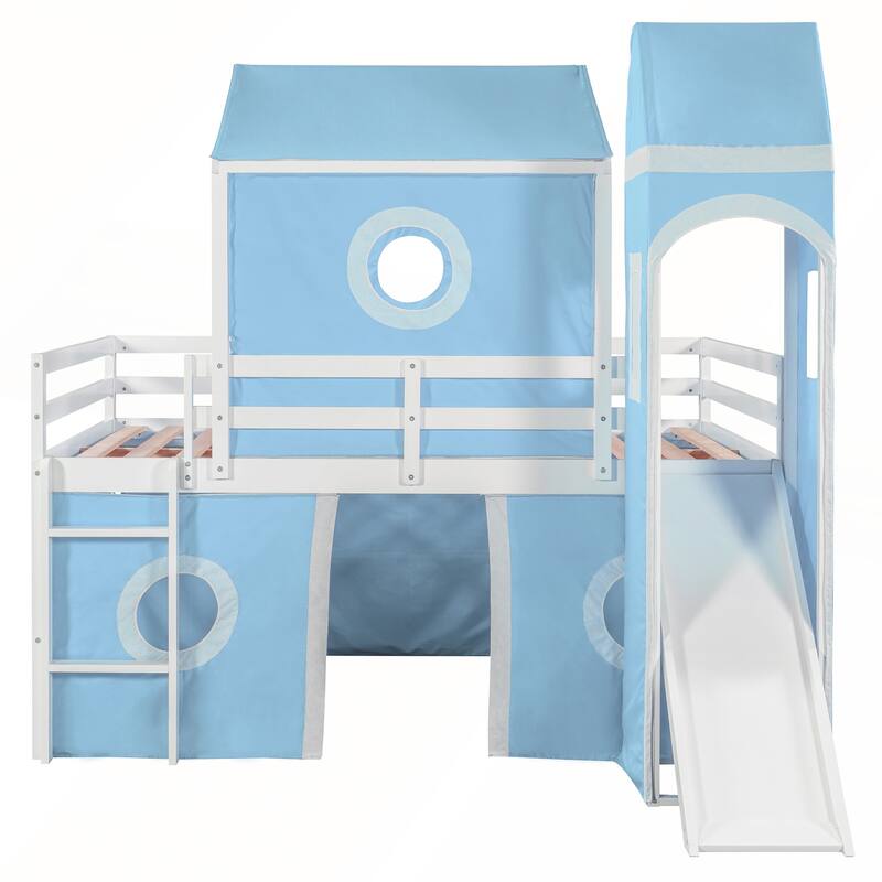 Full Size Loft Bed with Slide Pink Tent and Tower