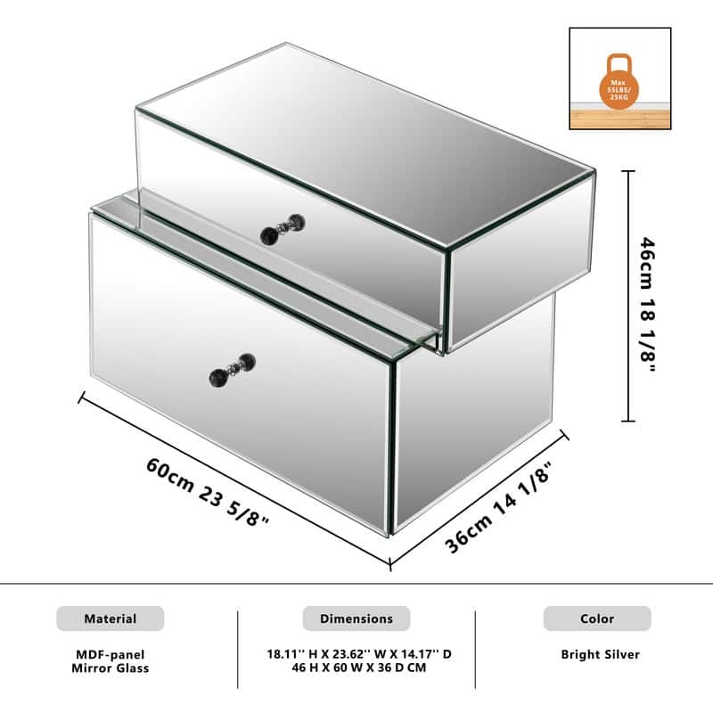 Mirrored 2-Drawer Nightstand with Modern Design