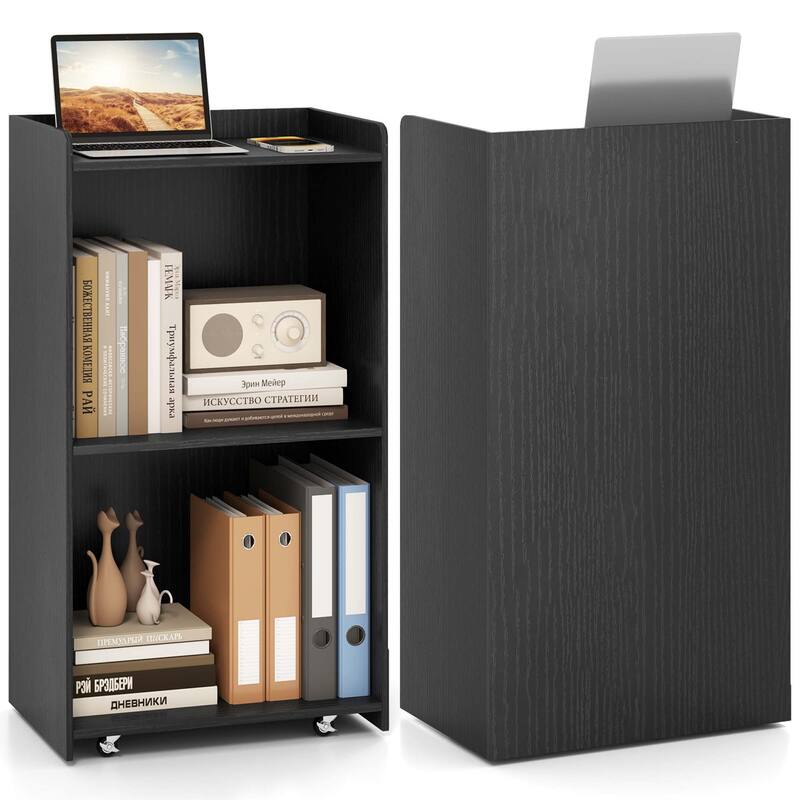 Gymax Set of 2 Rolling Podium Stand Mobile Lectern Stand w/ 2 Shelves - Black