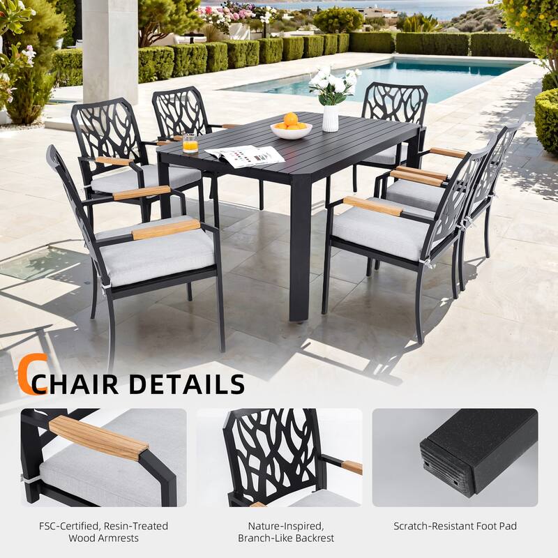 7-Piece Aluminum Patio Dining Set with 59" Table & Cushioned Armchairs