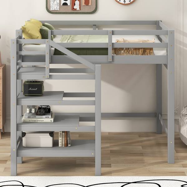 slide 2 of 13, Loft Gray Bed Full Loft Bed with Shelves Stairs, Hanger Underneath Gray - Full