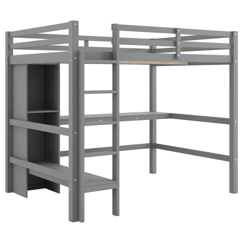 Full Size Loft Bed with Multifunction Shelves and Under-bed Desk