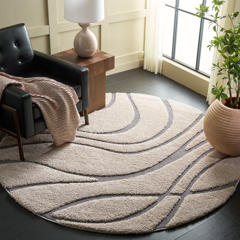 SAFAVIEH Florida Shag Staka Abstract Waves 1.2-inch Area Rug - 8' x 10' Oval - Cream/Grey
