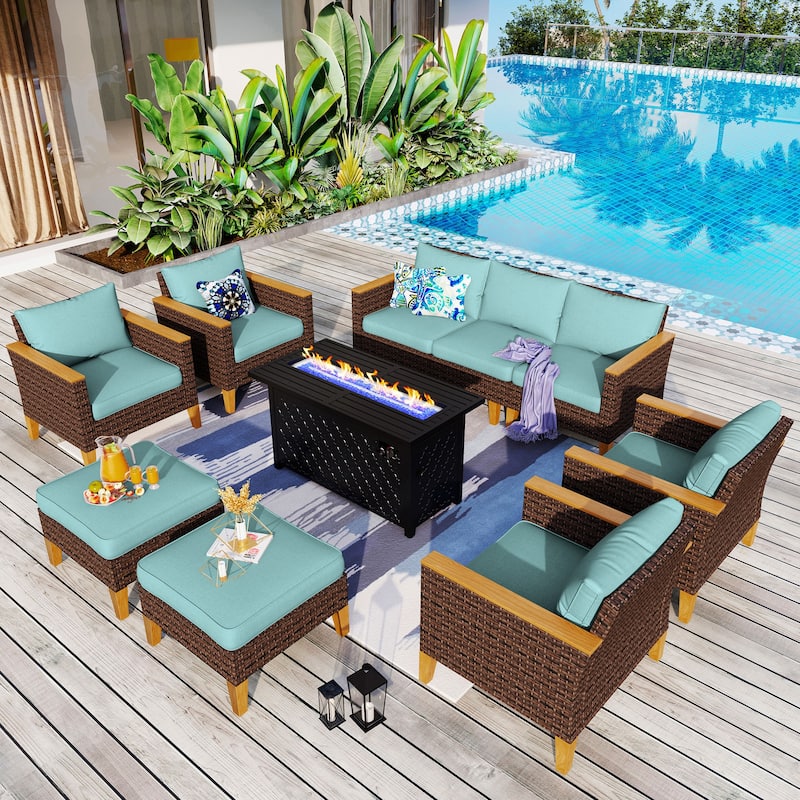 8-Piece Patio Outdoor Wicker Sectional Sofa Set, Large Seating Furniture Conversation Sets with Fire Pit Table