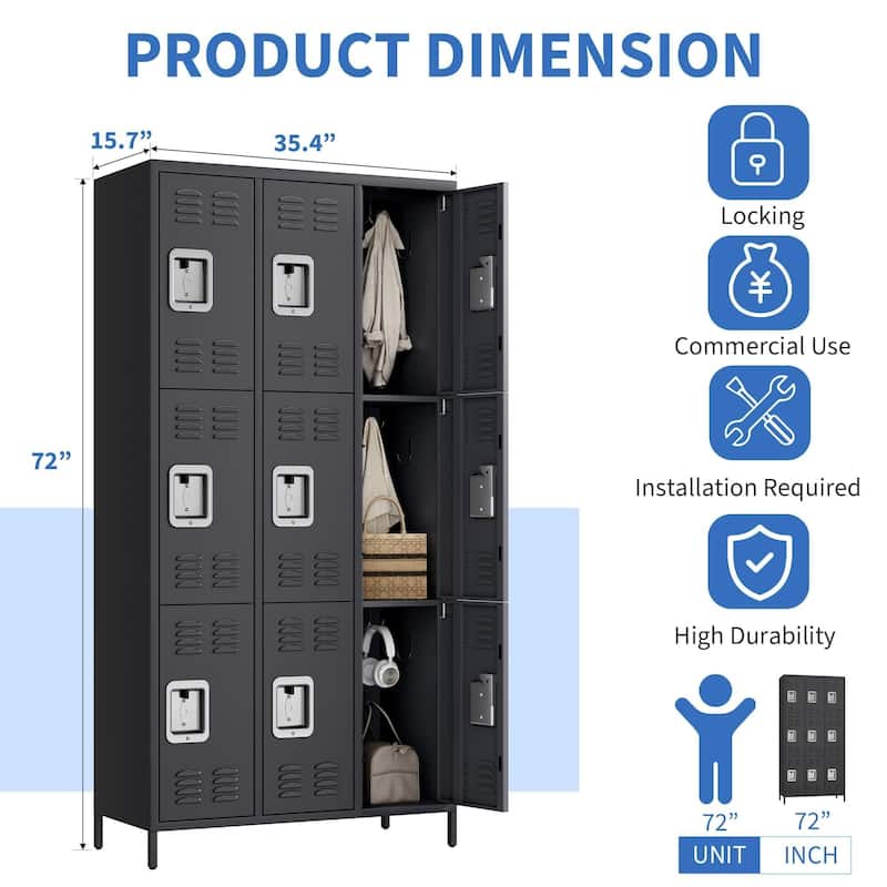 9 Doors Employee Lockers for Office, Metal Sorage Locker Combination, Lockable Employees Metal Locker with Door
