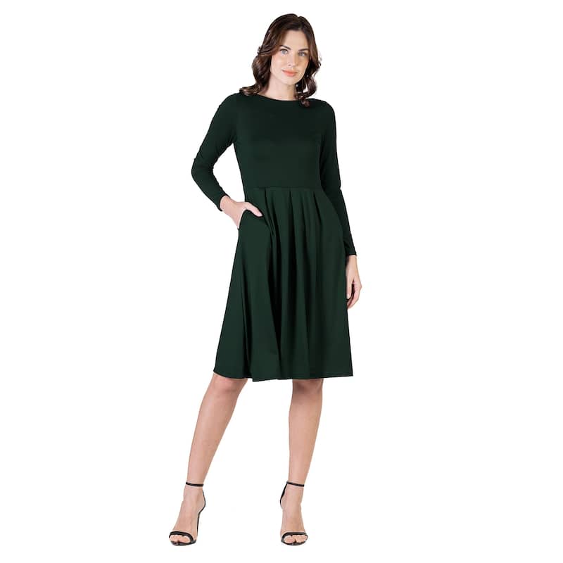 24seven Comfort Apparel Midi Length Fit N Flare Pocket Dress - Green - S