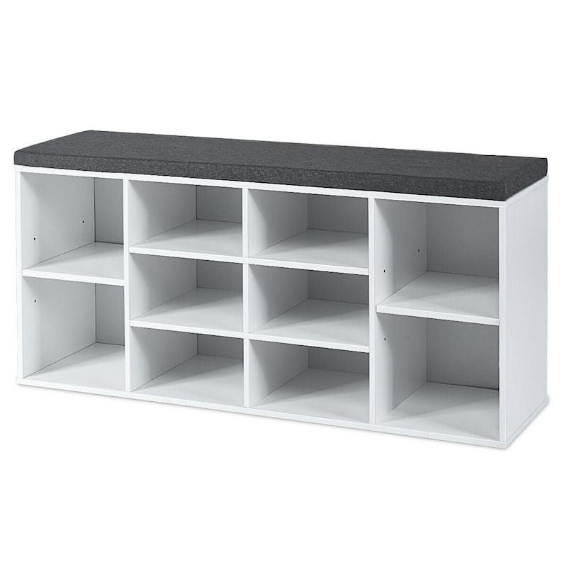 Gymax Entryway Padded Shoe Storage Bench 10-Cube Organizer Bench - 41'' x 12'' x 19'' - White