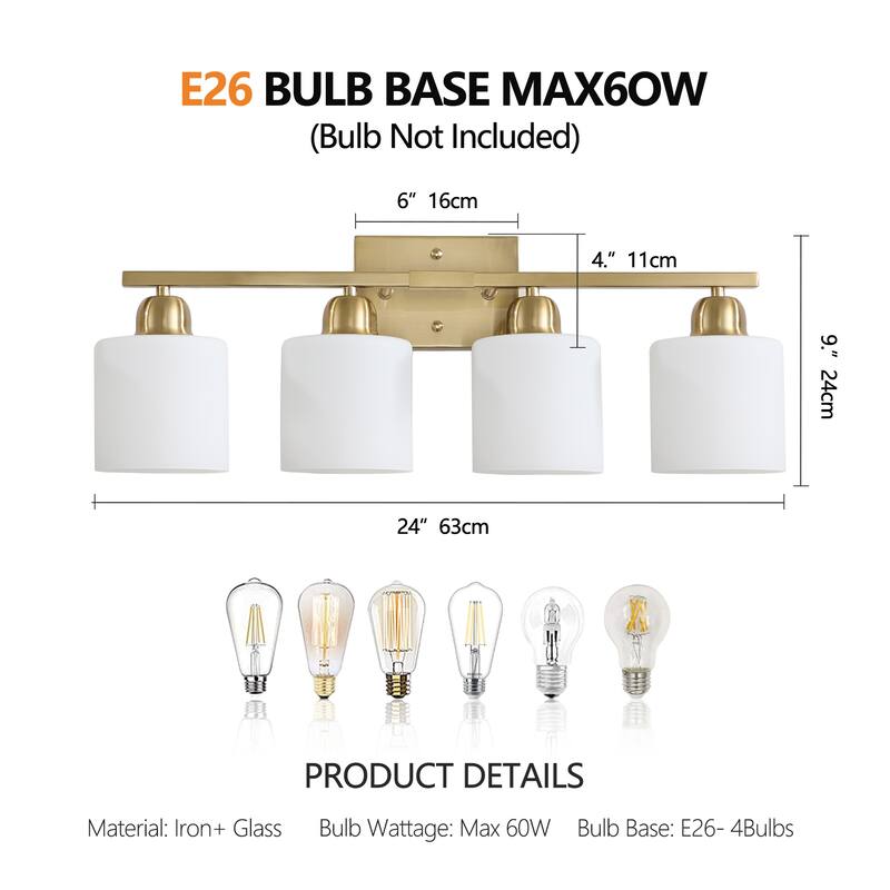 4-Light Gold Bathroom Vanity - Milky Frosted Glass - E26 Socket