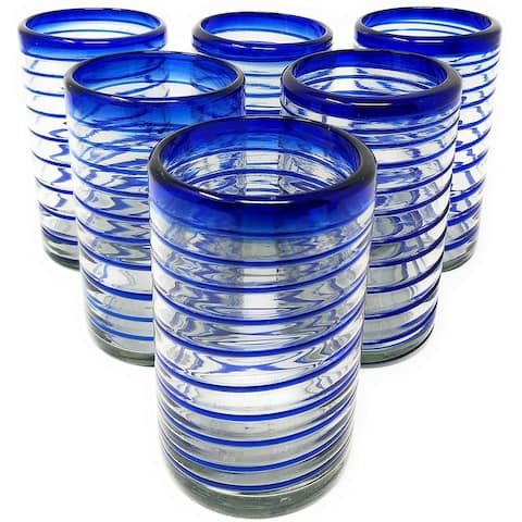 Dos Sueños Hand Blown Mexican Drinking Glasses - Set of 6 Glasses with Cobalt Blue Spiral Design (14 oz each)