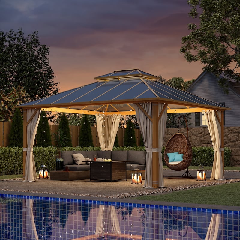 EROMMY Hardtop Gazebo, Waterproof Aluminum Pavilion with Netting & Curtains for Patio, Garden