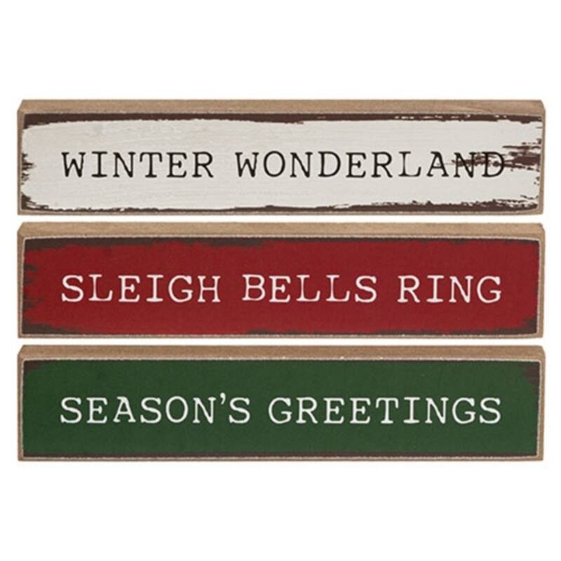 Rustic Christmas Mini Wooden Sign Seasons Greetings Theme- 3 Asstd. - 6" x 0.50" x 1" - White-Red-Green