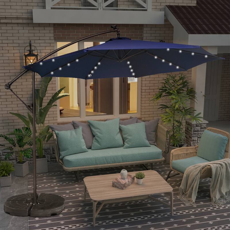 Clihome 10Ft Solar Light Crank Offset Cantilever Patio Umbrella, Without Base