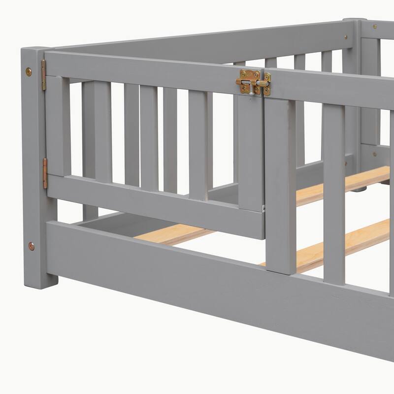 Pine Wood Floor Platform Bed with Fence and Door