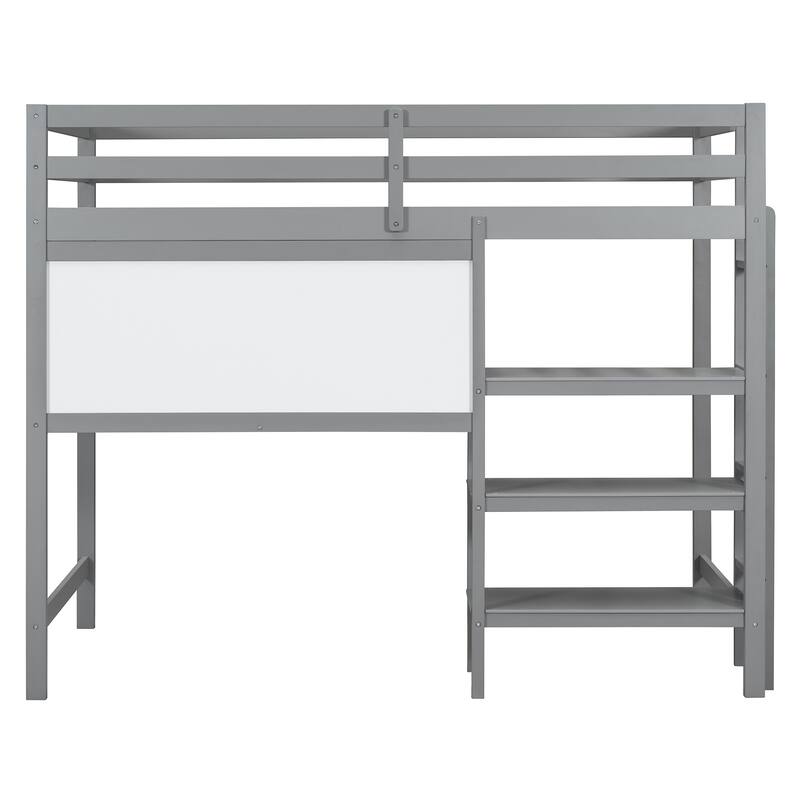 Space-Saving Twin Loft Bed with Shelves, Desk & Writing Board - Gray