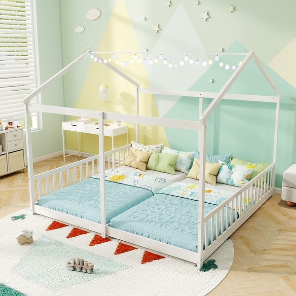 slide 2 of 10, Gymax Double Floor Bed w/ Safety Guardrails No Box Spring Needed for White - Twin