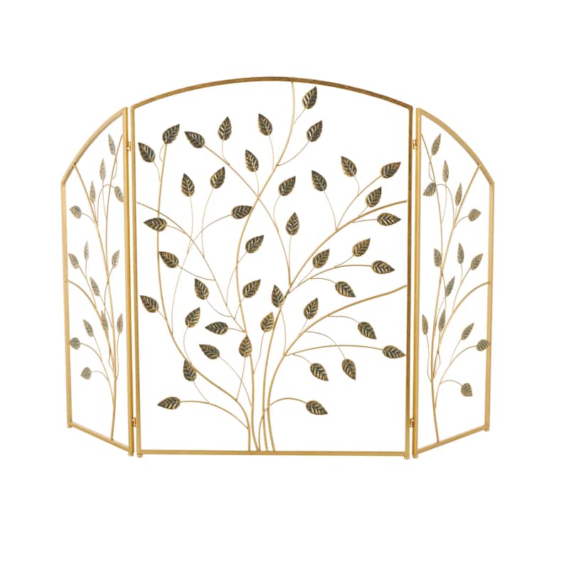 Metal Leaf Foldable 3 Panel Fireplace Screen - Gold - Roche River Decor - Gold
