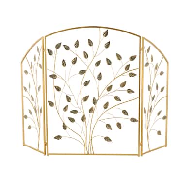 Metal Leaf Foldable 3 Panel Fireplace Screen - Gold - Roche River Decor