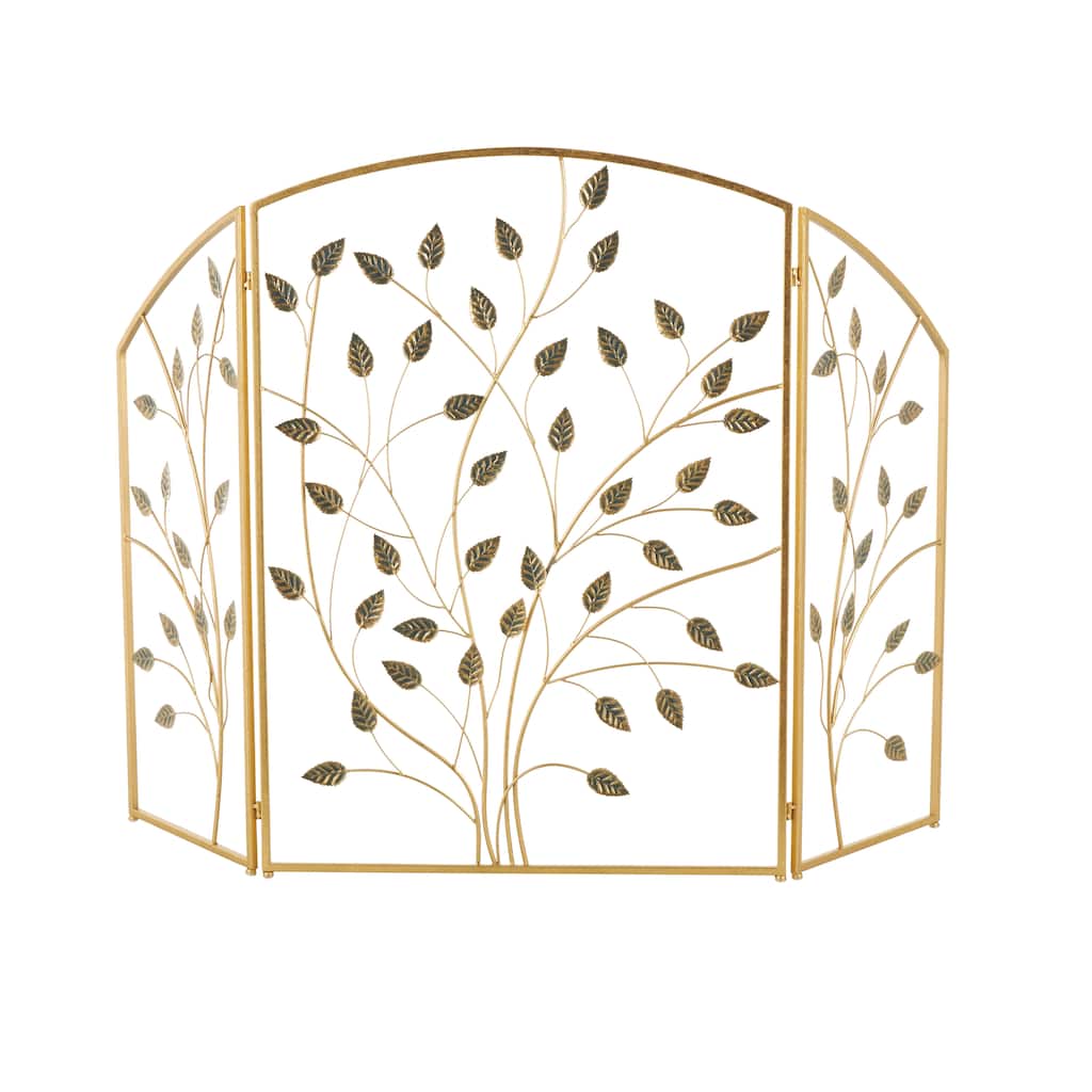 Metal Leaf Foldable 3 Panel Fireplace Screen - Gold - Roche River Decor