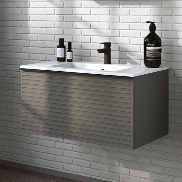 slide 6 of 41, Margi 32" Wall-Mount Bathroom Vanity & Basin Set - Stripes Lacquered Matte Charcoal Gray