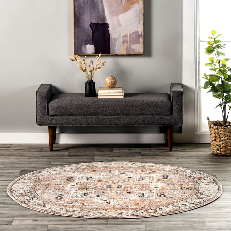 Nuloom Camila Faded Medallion Fringe Area Rug - 5' Round - Light Brown - Runner