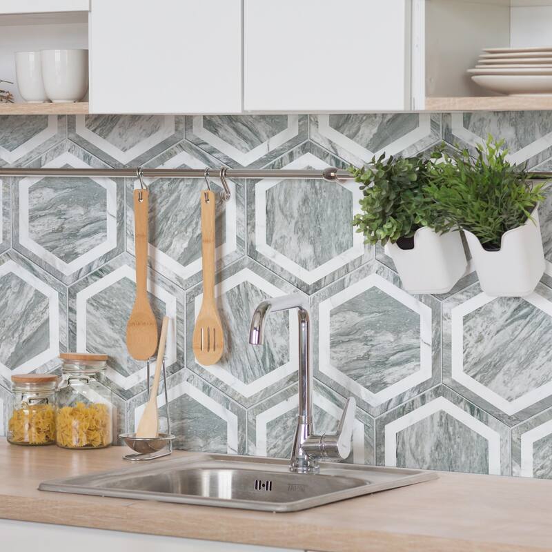 Merola Tile BioTech Hex Bardiglio Deco 11" x 13" Porcelain Floor and Wall Tile
