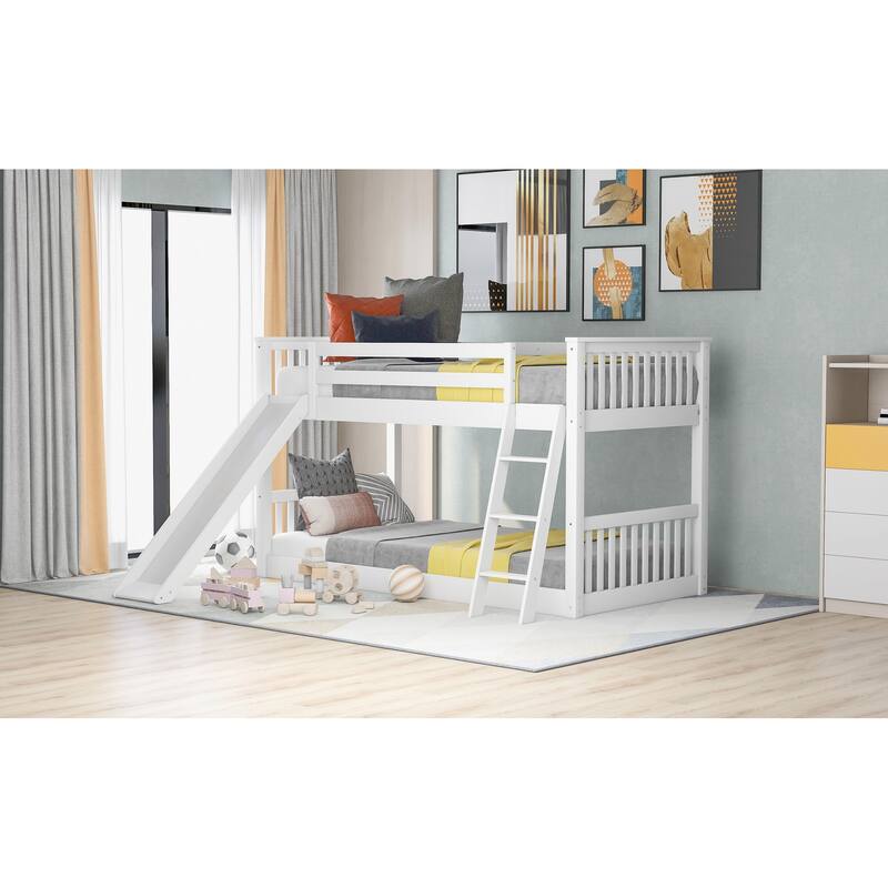 Convertible Twin Bunk Bed with Slide and Ladder, White