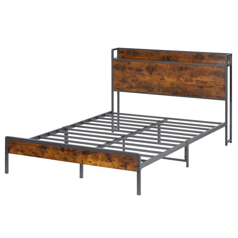 Metal Bed Frame with Charging Station and Slats