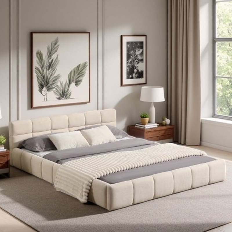 Queen Chenille Upholstered Bed with Checkerboard Headboard, Soft Beige Fabric, Plush Modern Platform Design