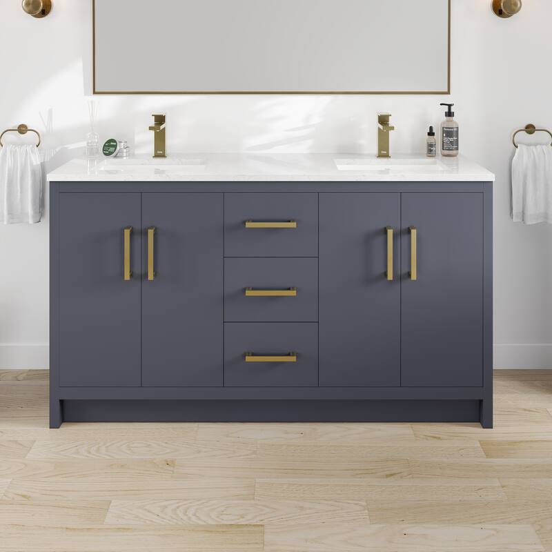 Eviva Curio Bath Vanity with WH Carrara Quartz Top and Undermount Sink - 60" - Dark Blue