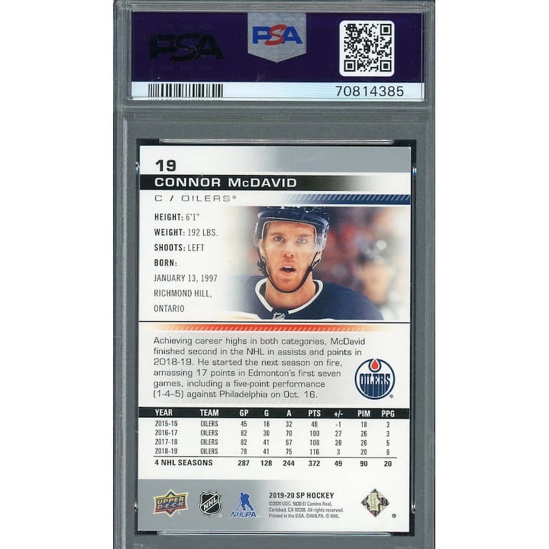 Connor McDavid 2019 Upper Deck SP Hockey Card #19 Graded PSA 8 - 8'6" x 11'6"