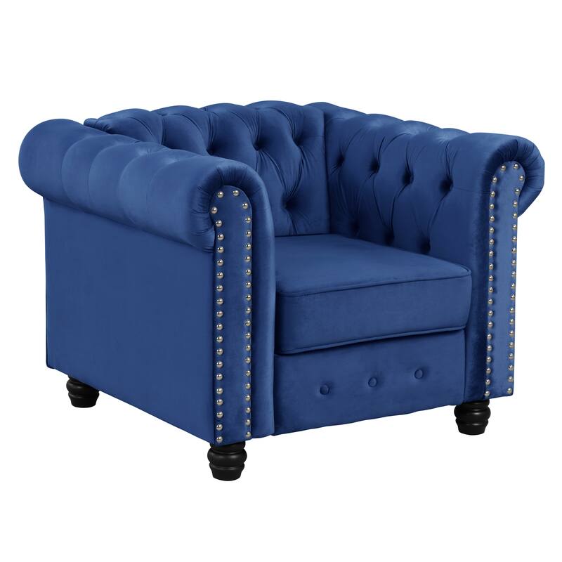 Classic Tufted Velvet Upholstered Chesterfield Club Chair Loveseat Sofa 3 Pieces with Nailhead for Living Room by Morden Fort